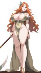 Rule 34 | 1girl, armlet, bare shoulders, bracelet, breasts, circlet, cleavage, commentary, covered navel, dress, english commentary, final fantasy, final fantasy xiv, from below, full body, green eyes, grin, hair ornament, halter dress, halterneck, holding, holding scythe, holding weapon, huge breasts, jamjamstyle, jewelry, leaf hair ornament, long hair, looking at viewer, nophica, orange hair, pelvic curtain, pink pupils, revision, scythe, sleeveless, sleeveless dress, smile, solo, thighs, turtleneck, turtleneck dress, weapon, white background