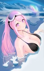 Rule 34 | 1girl, bare shoulders, bikini, black bikini, blue archive, blush, breasts, cleavage, closed mouth, collarbone, commentary, dot nose, eimi (blue archive), eimi (swimsuit) (blue archive), fingernails, glacier, goggles, goggles on head, highres, ice, large breasts, lens flare, long hair, looking at viewer, mountainous horizon, nail polish, night, night sky, no halo, outdoors, partially submerged, pink eyes, pink hair, pink nails, ponytail, sglike365, ski goggles, sky, smile, solo, swimsuit