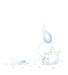 Rule 34 | blue flower, candle, closed mouth, commentary request, creatures (company), fire, fire, flower, game freak, gen 5 pokemon, highres, holding, holding flower, litwick, melting, nintendo, no humans, petals, pokemon, pokemon (creature), sad, ssn (sasa8u9r), water, white background, yellow eyes