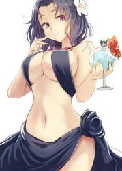 Rule 34 | 10s, 2girls, bare arms, bikini, breasts, cleavage, cowboy shot, cup, drink, drinking glass, drinking straw, flower, hair flower, hair ornament, holding, holding cup, holding drinking glass, kantai collection, large breasts, mini person, minigirl, multiple girls, navel, purple eyes, purple hair, sarong, simple background, smile, stomach, swimsuit, tatsuta (kancolle), tenryuu (kancolle), utopia, white background, white flower