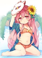 Rule 34 | 1girl, aqua shirt, armpits, baku-p, bare legs, barefoot, bikini, blue sky, blush, breasts, cloud, collarbone, flower, fox mask, hair between eyes, hair flower, hair ornament, hand up, hata no kokoro, highres, long hair, looking at viewer, mask, mask on head, navel, open clothes, open mouth, open shirt, orange bikini, palm tree, parted lips, pink eyes, pink hair, plaid, plaid shirt, shirt, short sleeves, sitting, sky, small breasts, solo, sunflower, swimsuit, thighs, touhou, tree, underboob, water, yellow flower