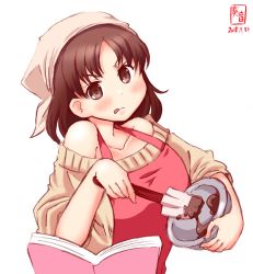 Rule 34 | 1girl, apron, bare shoulders, beige sweater, book, bowl, brown eyes, brown hair, chiyoda (kancolle), chocolate, dated, headband, highres, kanon (kurogane knights), kantai collection, logo, red apron, short hair, simple background, solo, spatula, sweater, tongue, tongue out, upper body, white background