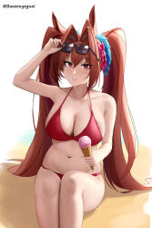 Rule 34 | 1girl, absurdres, animal ears, antenna hair, baozouyeguai, beach, bikini, bow, breasts, cleavage, commentary, daiwa scarlet (umamusume), eyewear on head, feet out of frame, food, hair intakes, highres, horse ears, horse girl, horse tail, ice cream, ice cream cone, large breasts, looking at viewer, navel, outdoors, parted lips, red bikini, red bow, red eyes, red hair, sand, solo, sunglasses, swimsuit, tail, umamusume