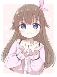 Rule 34 | 1girl, blue eyes, blush stickers, brown hair, closed mouth, collarbone, commentary, cropped torso, hair between eyes, hair ornament, hair ribbon, hands up, highres, hololive, long hair, long sleeves, looking at viewer, off-shoulder shirt, off shoulder, okota mikan, pink background, pink ribbon, pink shirt, puffy long sleeves, puffy sleeves, ribbon, shirt, smile, solo, star (symbol), star hair ornament, starry background, tokino sora, tokino sora (casual), two-tone background, upper body, very long hair, virtual youtuber, white background