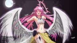 Rule 34 | 1girl, artist name, halo, jibril (no game no life), low wings, midriff, no game no life, pink hair, solo, wings