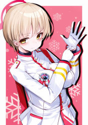 Rule 34 | 1girl, adjusting clothes, adjusting gloves, blonde hair, blue archive, breasts, buttons, closed mouth, gloves, halo, hands up, highres, large breasts, long sleeves, marina (blue archive), omochishiki, short hair, snowflakes, solo, turtleneck, very short hair, white gloves, yellow eyes