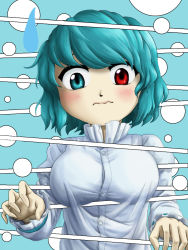 Rule 34 | 1girl, blue background, blue eyes, blue hair, blush, breasts, buttons, closed mouth, commentary request, frilled shirt, frills, heterochromia, large breasts, long sleeves, looking down, official style, parasite oyatsu, parody, red eyes, shirt, short hair, solo, split depth, style parody, sweatdrop, tatara kogasa, touhou, upper body, wavy mouth, white shirt, zun (style)