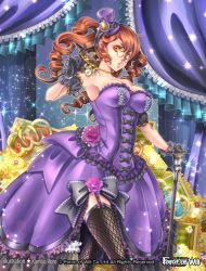Rule 34 | 1girl, artist name, bow, breasts, cleavage, coin, crown, curtains, drill hair, force of will, gem, glasses, gloves, hat, jewelry, kamijororo, long hair, necklace, official art, orange hair, solo, sparkle, staff, thighhighs, yellow eyes