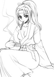 Rule 34 | 1girl, bad id, bad pixiv id, brave soul, breasts, chopsticks, cleavage, cup, doru riheko, greyscale, hair ribbon, headband, japanese clothes, kimono, large breasts, long hair, monochrome, mouth hold, ponytail, ribbon, sitting, smile, solo, steam
