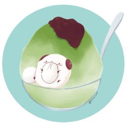 Rule 34 | 7mb yut, black eyes, eating, food, food request, green background, grey background, horns, league of legends, lying, mochi, no humans, on back, oversized food, oversized object, poro (league of legends), shaved ice, solo, spoon, twitter username