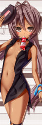Rule 34 | 1girl, antenna hair, bare shoulders, breasts, brown eyes, brown hair, collarbone, dark skin, dark-skinned female, holding, long hair, mouth hold, navel, no bra, no panties, open clothes, original, revision, ribbon, shiro-ushi, small breasts, solo, syroh, thigh strap