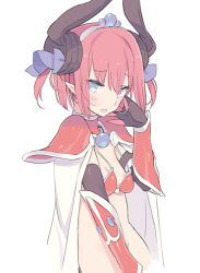 Rule 34 | 1girl, alternate hair length, alternate hairstyle, armor, bikini armor, blade (galaxist), blue eyes, blue ribbon, blush, breasts, cape, choker, curled horns, dragon horns, elizabeth bathory (brave) (fate), elizabeth bathory (fate), fate/grand order, fate (series), hair between eyes, hair ribbon, hand up, horns, navel, oversized clothes, parted lips, pauldrons, pink hair, pointy ears, red choker, ribbon, short hair, shoulder armor, sidelocks, small breasts, solo, tiara, two side up, vambraces, wavy mouth, white cape