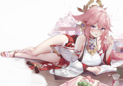 Rule 34 | 1girl, absurdres, animal ears, ankle bell, bare legs, blush, book, book stack, bottle, breasts, cherry blossoms, claw pose, commentary, daefny, dango, detached sleeves, earrings, english commentary, floral print, flower knot, food, fox ears, full body, genshin impact, hair between eyes, headpiece, highres, japanese clothes, jewelry, long hair, looking at viewer, lying, medium breasts, miko, nail polish, necklace, on side, open book, open mouth, pelvic curtain, petals, pink hair, pink nails, purple eyes, sake bottle, sakuramon, sandals, sanshoku dango, sideboob, sidelocks, simple background, smile, solo, tassel, thighs, toes, tree, wagashi, white background, wide sleeves, yae miko