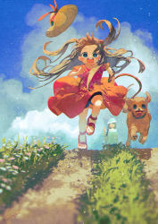 Rule 34 | 2girls, blue eyes, blue sky, blush, brown hair, brown headwear, cloud, commentary, dog, dress, full body, grass, hat, unworn hat, hat ribbon, unworn headwear, highres, holding, holding leaf, leaf, light particles, long hair, looking at viewer, multiple girls, original, outdoors, potg (piotegu), red dress, red footwear, red ribbon, ribbon, running, sandals, shirt, sky, solo focus, sun hat, teeth, two side up, upper teeth only, white headwear, white shirt