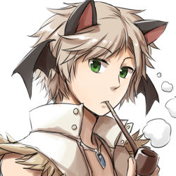 Rule 34 | 1boy, animal ears, black wings, cat ears, closed mouth, commentary request, demon wings, expressionless, fur-trimmed shirt, fur trim, green eyes, head wings, holding, holding smoking pipe, jewelry, light brown hair, looking at viewer, looking to the side, male focus, natsuya (kuttuki), necklace, open clothes, open shirt, pipe in mouth, ragnarok online, shirt, short hair, simple background, smoke, smoking, smoking pipe, solo, suspenders, upper body, white background, white shirt, whitesmith (ragnarok online), wings