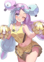 Rule 34 | 1girl, absurdres, alternate costume, blush, breasts, cheerleader, commentary request, cowboy shot, creatures (company), game freak, green hair, grin, head tilt, highres, holding, holding pom poms, iono (pokemon), kajitsu no hito, long hair, looking at viewer, medium breasts, navel, nintendo, one eye closed, pleated skirt, pokemon, pokemon sv, pom pom (cheerleading), pom poms, purple eyes, purple hair, sharp teeth, shirt, skirt, sleeveless, sleeveless shirt, smile, solo, sweat, teeth, twintails, white background, yellow shirt, yellow skirt