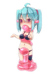Rule 34 | 1girl, ahoge, bad id, bad pixiv id, blue hair, bra, breasts, cleavage, ear insertion, mind control, navel, nucomas, open mouth, original, panties, pink eyes, possessed, single thighhigh, slime (substance), solo, tentacles, thighhighs, twintails, underwear, underwear only