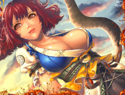 Rule 34 | 1girl, arms behind back, bad id, bad pixiv id, breasts, brown eyes, bteele, cleavage, cloud, dutch angle, embellished costume, female focus, hair bobbles, hair ornament, large breasts, lips, no bra, onozuka komachi, red hair, scythe, short hair, solo, touhou, upper body