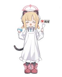 Rule 34 | 1girl, absurdres, animal ear headphones, animal ears, apron, atat250, black thighhighs, blonde hair, blue archive, blue necktie, blush stickers, boots, bowl, closed eyes, collared shirt, fake animal ears, full body, halo, head scarf, headphones, highres, holding, holding bowl, kappougi, long sleeves, momoi (blue archive), necktie, open mouth, pink footwear, pink halo, rice, rice bowl, shirt, short hair, simple background, smile, solo, thighhighs, white background, white headwear, white shirt
