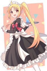 Rule 34 | 1girl, :d, ahoge, alternate costume, apron, black dress, blonde hair, blush, bocchi the rock!, bow, braid, brown background, cup, dress, drink, drinking glass, e20, enmaided, frilled apron, frilled dress, frills, from side, highres, holding, holding tray, ijichi nijika, juliet sleeves, long hair, long sleeves, looking at viewer, looking to the side, maid, maid apron, maid headdress, open mouth, outside border, pantyhose, parted bangs, pleated dress, polka dot, polka dot bow, puffy sleeves, red bow, red eyes, side ponytail, smile, solo, tray, twintails, two-tone background, very long hair, white apron, white background, white pantyhose