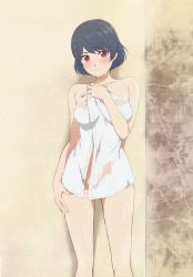 Rule 34 | 1girl, absurdres, bare arms, bare legs, bare shoulders, blue hair, breasts, head tilt, highres, looking at viewer, loserxpropro1, medium breasts, nude, red eyes, short hair, solo, standing, tachibana rui, thighs, towel, towel over breasts