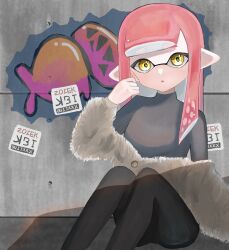 Rule 34 | 1girl, absurdres, black pants, commentary, graffiti, grey sweater, highres, inkling, inkling girl, inkling player character, long hair, looking at viewer, negi kobito, nintendo, open mouth, pants, pointy ears, red hair, sitting, solo, splatoon (series), sweater, symbol-only commentary, tentacle hair, thick eyebrows, yellow eyes