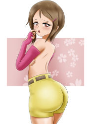 Rule 34 | 1girl, absurdres, arm warmers, ass, bare shoulders, bike shorts, blush, brown eyes, brown hair, covering privates, covering breasts, danzfloor, digimon, digimon adventure 02, fingerless gloves, gloves, hair ornament, hairclip, highres, huge ass, looking at viewer, open mouth, shiny clothes, shiny skin, short hair, short shorts, shorts, solo, topless, yagami hikari