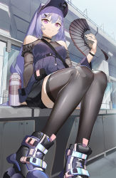 Rule 34 | 1girl, bandaid, bandaid on face, black thighhighs, blush, bottle, breasts, clothing cutout, cone hair bun, contemporary, dress, folding fan, genshin impact, grey dress, hair bun, hand fan, keqing (genshin impact), long hair, looking at viewer, luomo, medium breasts, purple eyes, purple hair, roller skates, shoulder cutout, sitting, skates, smile, solo, swept bangs, thighhighs, twintails, water bottle