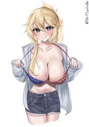 Rule 34 | 1girl, alternate costume, alternate hairstyle, american flag, american flag bikini, american flag print, bikini, bikini under clothes, black shorts, blonde hair, blue eyes, breasts, cleavage, cowboy shot, denim, denim shorts, dr.plankton, flag print, grin, highres, iowa (kancolle), kantai collection, large breasts, open clothes, open shirt, ponytail, print bikini, shorts, simple background, smile, solo, star-shaped pupils, star (symbol), strap pull, swimsuit, symbol-shaped pupils, twitter username, white background