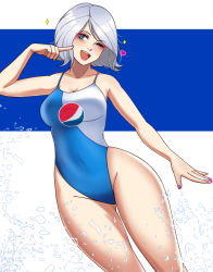 Rule 34 | 1girl, ;d, bad id, bad pixiv id, blue background, breasts, cawfield, cleavage, commentary, english commentary, eyeshadow, grey hair, heart, makeup, nail polish, one-piece swimsuit, one eye closed, open mouth, original, pepsi, personification, product girl, short hair, simple background, smile, solo, sparkle, swimsuit, two-tone background, water, water drop, white background