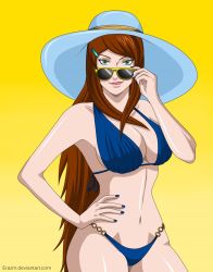 Rule 34 | 1girl, bikini, blue nails, breasts, brown hair, cleavage, erazm, green eyes, hand on own hip, hat, highres, large breasts, long hair, looking at viewer, nail polish, naruto (series), naruto shippuuden, navel, solo, sunglasses, swimsuit, terumi mei, very long hair
