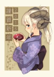 Rule 34 | 1girl, 2015, blonde hair, blue eyes, blush, cherry blossoms, closed mouth, cup, floral background, floral print, framed, from side, hands up, happy new year, holding, holding cup, horns, japanese clothes, kimono, light smile, long hair, looking at viewer, nengajou, new year, obi, original, parsley-f, platinum blonde hair, ponytail, profile, purple kimono, sakazuki, sash, sidelocks, silver hair, smile, solo, upper body, wavy hair