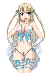 Rule 34 | 10s, 1girl, :d, amagi brilliant park, blonde hair, breasts, censored, cleavage, cleft of venus, dress, female pubic hair, hair ribbon, hands on own hips, highres, large breasts, long hair, navel, open mouth, pubic hair, pussy, ribbon, smile, solo, sylphy (amaburi), thigh gap, two side up, very long hair, wan&#039;yan aguda