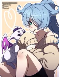 Rule 34 | 1girl, black sclera, black shorts, blue eyes, blue hair, blush, bra strap, brown sweater, collarbone, colored sclera, commentary, cup, digitalscratch, dragon, elira pendora, english commentary, english text, extra eyes, fang, food, hair over one eye, head wings, heart, highres, holding, holding cup, ice cream, instagram username, long hair, looking at viewer, mug, nijisanji, nijisanji en, off-shoulder sweater, off shoulder, one eye covered, orange background, ponytail, purple eyes, shorts, sitting, sleeves past fingers, sleeves past wrists, smile, solo, spoon, sweater, tumblr username, twitter username, virtual youtuber, watermark, wings