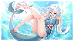 Rule 34 | 1girl, absurdres, bare legs, barefoot, bloop (gawr gura), blue eyes, blue hair, blue hoodie, blue nails, blush, border, breasts, claw pose, commentary, drawstring, feet, female focus, fingernails, fins, fish tail, full body, gawr gura, gawr gura (1st costume), hair ornament, highres, hololive, hololive english, hood, hood down, hoodie, long hair, looking at viewer, multicolored hair, nail polish, open mouth, outside border, panties, shark hair ornament, shark tail, sharp teeth, shirt, smile, soles, solo, streaked hair, tail, teeth, toenail polish, toenails, toes, twitter username, two side up, underwear, v-shaped eyebrows, virtual youtuber, water, white border, white panties, wide sleeves, wuest