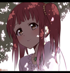 Rule 34 | 10s, 1girl, brown hair, cross, cross necklace, idolmaster, idolmaster cinderella girls, isshiki (ffmania7), jewelry, letterboxed, necklace, ogata chieri, scrunchie, shade, smile, solo, tree shade, twintails