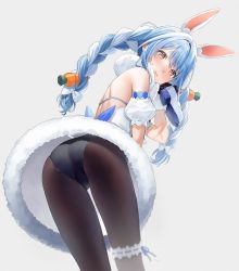Rule 34 | 1girl, absurdres, animal ears, artist request, ass, bare shoulders, blue hair, blush, braid, bridal garter, cameltoe, carrot, dress, from behind, from below, gloves, hair ornament, highres, hololive, leaning, leaning forward, long hair, looking at viewer, looking back, multicolored hair, open mouth, panties, panties under pantyhose, pantyhose, rabbit-shaped pupils, rabbit girl, rabbit tail, red eyes, shoes, short dress, solo, symbol-shaped pupils, twin braids, underwear, unworn shoes, usada pekora, usada pekora (1st costume), very long hair, virtual youtuber, white hair