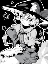 Rule 34 | 1girl, alternate design, apron, bow, capelet, closed mouth, commentary request, cookie (touhou), cowboy shot, frown, gloves, greyscale, hair between eyes, hat, hat bow, kirisame marisa, long bangs, looking at viewer, meguru (cookie), monochrome, outline, scarf, short hair, sitting, skirt, solo, star (symbol), tonchamon san, touhou, waist apron, witch hat