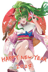 Rule 34 | 1girl, 2024, :d, alternate costume, fire emblem, fire emblem: mystery of the emblem, flower, green eyes, green hair, gusi615, hair ornament, hand fan, happy new year, highres, holding, holding fan, holding flower, japanese clothes, kanzashi, kimono, kinchaku, long hair, long sleeves, new year, nintendo, obi, open mouth, pink kimono, pointy ears, ponytail, pouch, sandals, sash, simple background, smile, solo, tabi, tiara, tiki (fire emblem), tiki (young) (fire emblem), white background, wide sleeves, zouri