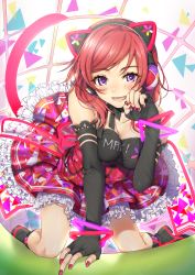 Rule 34 | 10s, 1girl, :d, animal ears, arm support, black ribbon, blush, bracelet, cat ears, cat tail, character name, clothes writing, dress, elbow gloves, fake animal ears, fingerless gloves, frills, gloves, headphones, highres, jewelry, lace, lace-trimmed gloves, lace-trimmed ribbon, lace trim, looking at viewer, love live!, love live! school idol festival, love live! school idol project, nail polish, nishikino maki, open mouth, paw pose, purple eyes, red hair, red nails, ribbon, see-through, short hair, smile, solo, tail, triangle, yana mori