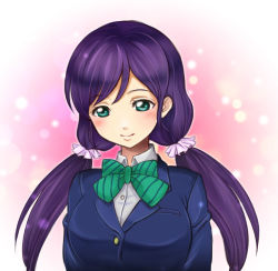 Rule 34 | 10s, 1girl, bad id, bad pixiv id, blazer, blush, bow, bowtie, breasts, female focus, gradient background, green eyes, jacket, large breasts, long hair, love live!, love live! school idol project, pirapom, purple hair, school uniform, smile, solo, tojo nozomi, twintails