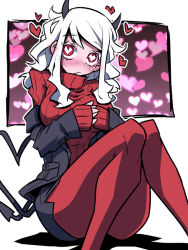 Rule 34 | 1girl, black horns, black suit, black tail, blush, breasts, commentary request, demon girl, demon horns, demon tail, formal, heart, heart-shaped pupils, heart tail, helltaker, horns, jin (mugenjin), looking at viewer, medium hair, modeus (helltaker), off shoulder, pantyhose, red pantyhose, red sweater, ribbed sweater, sidelocks, sitting, skirt, solo, suit, sweater, symbol-shaped pupils, tail, white hair