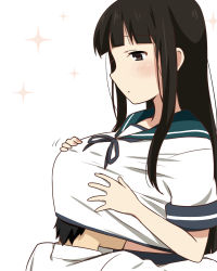 Rule 34 | 10s, 1boy, 1girl, black hair, blunt bangs, blush, brown eyes, hatsuyuki (kancolle), head on chest, head under another&#039;s clothes, head under shirt, ikari manatsu, kantai collection, long hair, open mouth, personification, school uniform, serafuku, under another&#039;s clothes