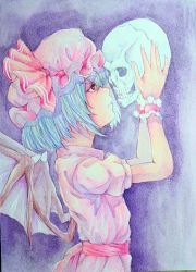 Rule 34 | 1girl, bat wings, blue hair, frown, hands up, hat, highres, holding, mob cap, painting (medium), photo (medium), profile, red eyes, remilia scarlet, short hair, skull, solo, touhou, traditional media, watercolor (medium), wings, wrist cuffs, yuyu (00365676)