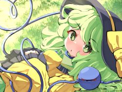 Rule 34 | 1girl, :o, artist name, black hat, blouse, blush, buttons, collared shirt, commentary, diamond button, english commentary, english text, eyeball, frilled shirt collar, frilled sleeves, frills, green eyes, green hair, green skirt, hat, hat ribbon, heart, heart of string, highres, komeiji koishi, long sleeves, looking at viewer, lying, medium hair, on back, on grass, open mouth, own hands together, ribbon, sachisudesu, shirt, skirt, solo, third eye, touhou, wavy hair, wide sleeves, yellow ribbon, yellow shirt