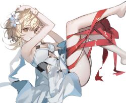 Rule 34 | 1girl, blonde hair, breasts, cleavage, commentary request, dress, flower, genshin impact, hair flower, hair ornament, highres, looking at viewer, lumine (genshin impact), red ribbon, ribbon, short hair, simple background, sleeveless, sleeveless dress, small breasts, solo, thighs, umenoume, white background, white dress, white flower, yellow eyes