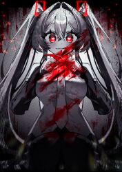 Rule 34 | 1girl, :p, absurdres, aduma tobari, binomi (vocaloid), blood, commentary, cowboy shot, detached sleeves, fork, from below, gradient background, grey background, hatsune miku, heart, heart-shaped pupils, highres, holding, holding fork, holding knife, knife, looking at viewer, looking down, mixed-language commentary, red eyes, smile, solo, spot color, switchblade, symbol-shaped pupils, tongue, tongue out, twintails, vocaloid, yandere