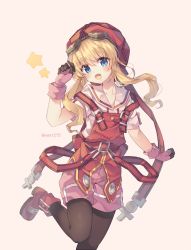 Rule 34 | 1girl, :d, black pantyhose, blonde hair, blue eyes, blush, boots, cowboy shot, eiyuu densetsu, falcom, gloves, goggles, goggles on head, hair between eyes, hat, long hair, looking at viewer, open mouth, overalls, pantyhose, pink background, pink gloves, pink shorts, red footwear, red hat, red overalls, rento (rukeai), sailor collar, shirt, short sleeves, shorts, sidelocks, simple background, smile, solo, sora no kiseki, standing, standing on one leg, star (symbol), strap, tita russell, twitter username, white shirt