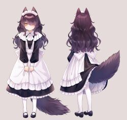 Rule 34 | 1girl, animal ears, back bow, black hair, bow, cat ears, cat tail, e (eokiba), facing away, from behind, grey background, hair over one eye, highres, maid, maid headdress, mary janes, multiple views, original, pantyhose, shoes, simple background, tail, white pantyhose, yellow eyes