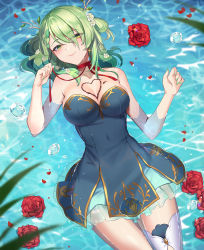 Rule 34 | absurdres, antlers, braid, braided bangs, breasts, ceres fauna, chocolate, chocolate on body, chocolate on breasts, cleavage, flower, food on body, green eyes, green hair, hanh chu, highres, hololive, hololive english, horns, looking at viewer, mole, mole under eye, ribbon, single braid, solo, thighhighs, virtual youtuber, water, white thighhighs
